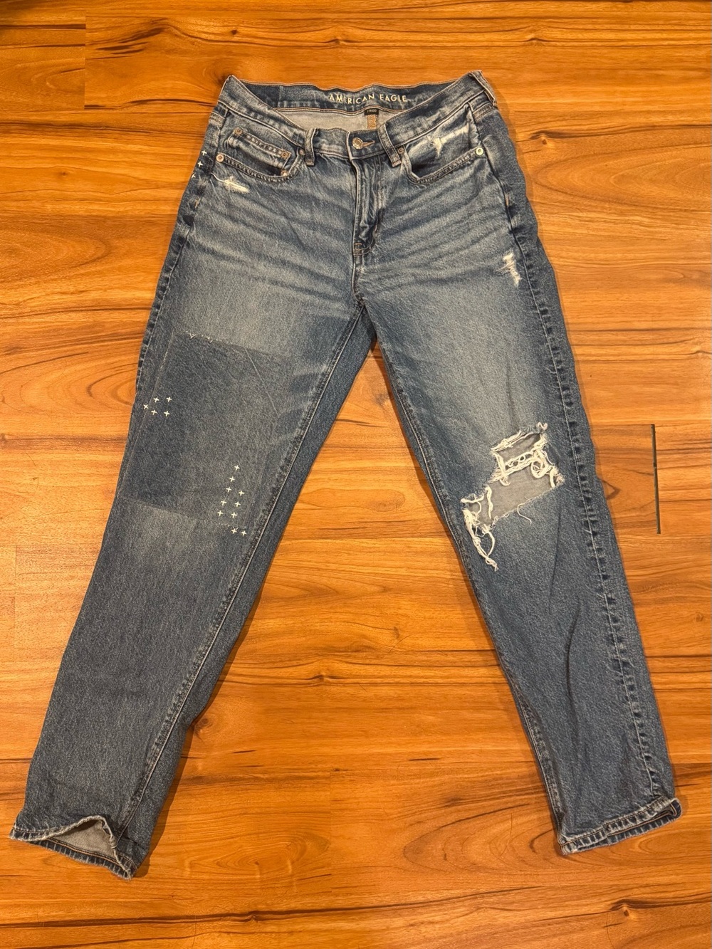 American Eagle Outfitters Women's Distressed Blue Patch Boyfriend Jeans